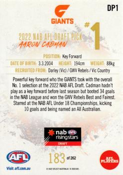 2022 Select NAB AFL Draft Picks #DP1 Aaron Cadman Back